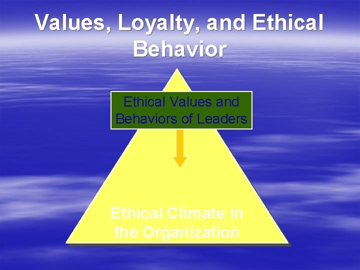 Values, Loyalty, and Ethical Behavior Ethical Values and Behaviors of Leaders Ethical Climate in