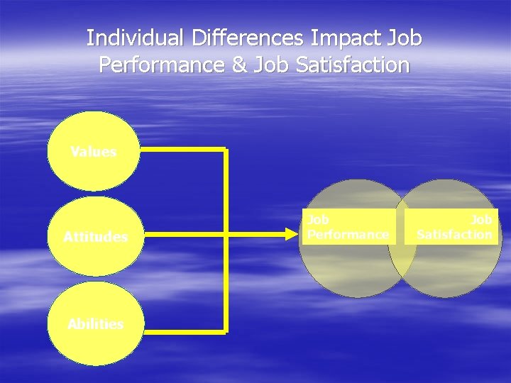 Individual Differences Impact Job Performance & Job Satisfaction Values Attitudes Abilities Job Performance Job