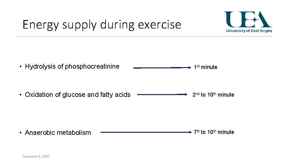Energy supply during exercise • Hydrolysis of phosphocreatinine 1 st minute • Oxidation of