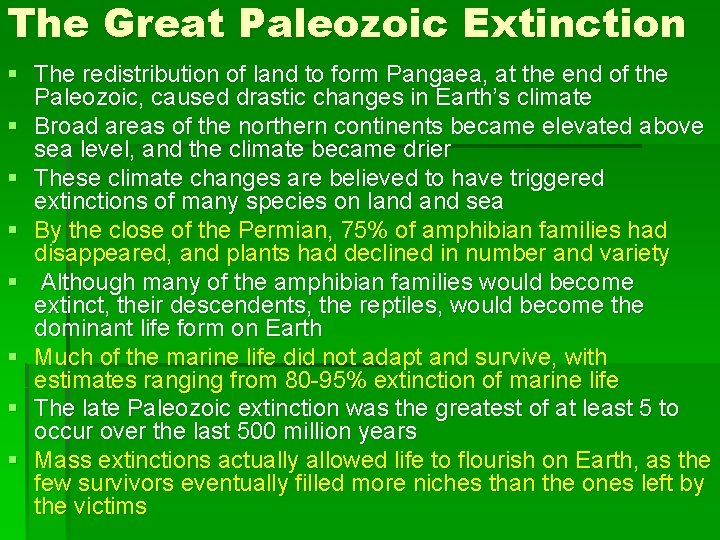 The Great Paleozoic Extinction § The redistribution of land to form Pangaea, at the