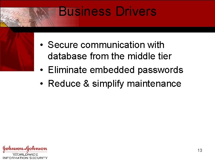 Business Drivers • Secure communication with database from the middle tier • Eliminate embedded