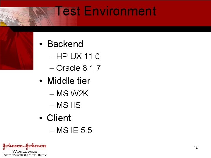 Test Environment • Backend – HP-UX 11. 0 – Oracle 8. 1. 7 •