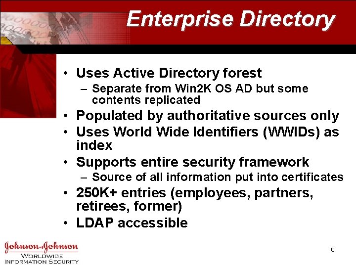 Enterprise Directory • Uses Active Directory forest – Separate from Win 2 K OS