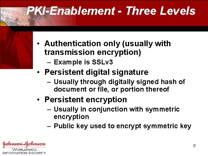 PKI-Enablement - Three Levels • Authentication only (usually with transmission encryption) – Example is