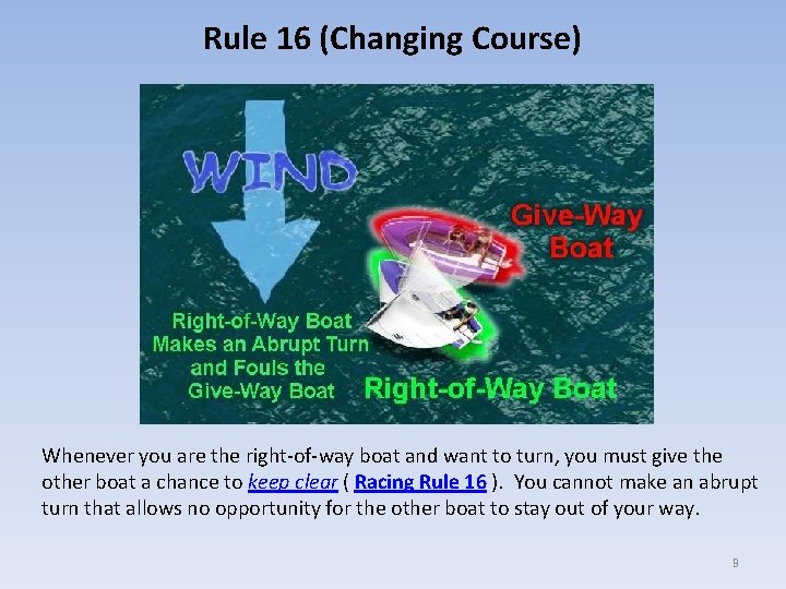 Rule 16 (Changing Course) Whenever you are the right-of-way boat and want to turn,