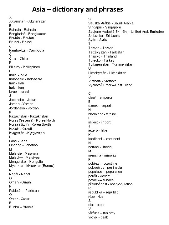 Asia – dictionary and phrases A Afganistán - Afghanistan B Bahrain - Bahrain Bengladeš