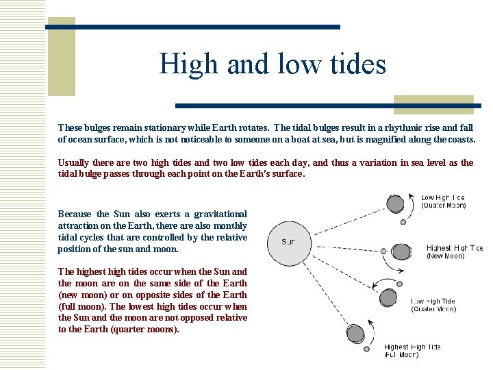 High and low tides These bulges remain stationary while Earth rotates. The tidal bulges