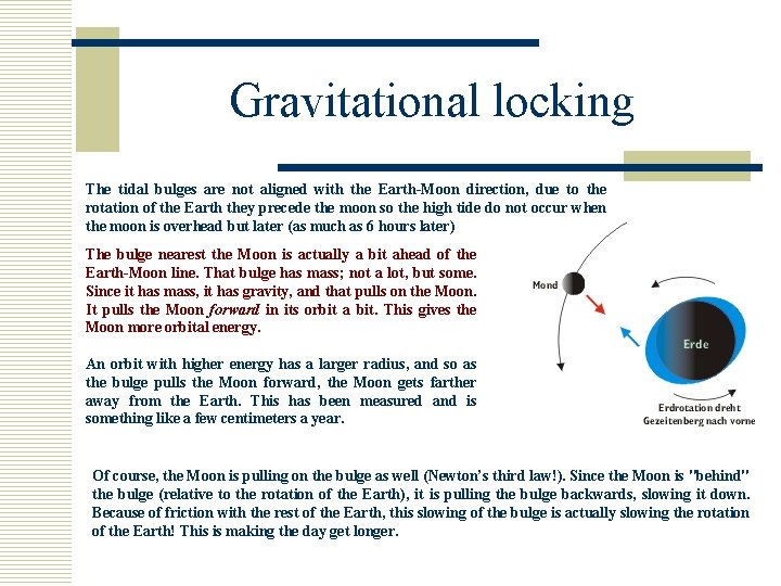 Gravitational locking The tidal bulges are not aligned with the Earth-Moon direction, due to