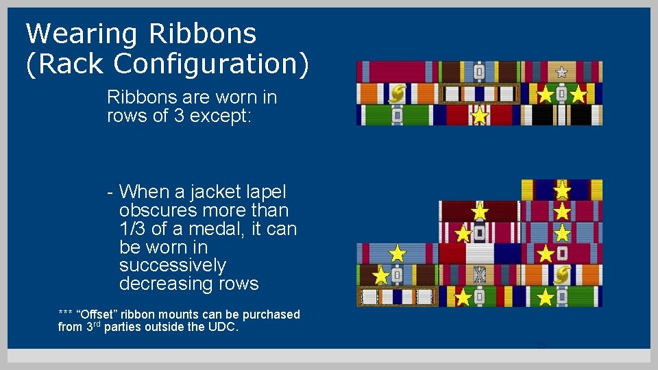 Wearing Ribbons (Rack Configuration) Ribbons are worn in rows of 3 except: - When