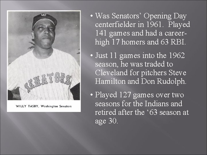  • Was Senators’ Opening Day centerfielder in 1961. Played 141 games and had