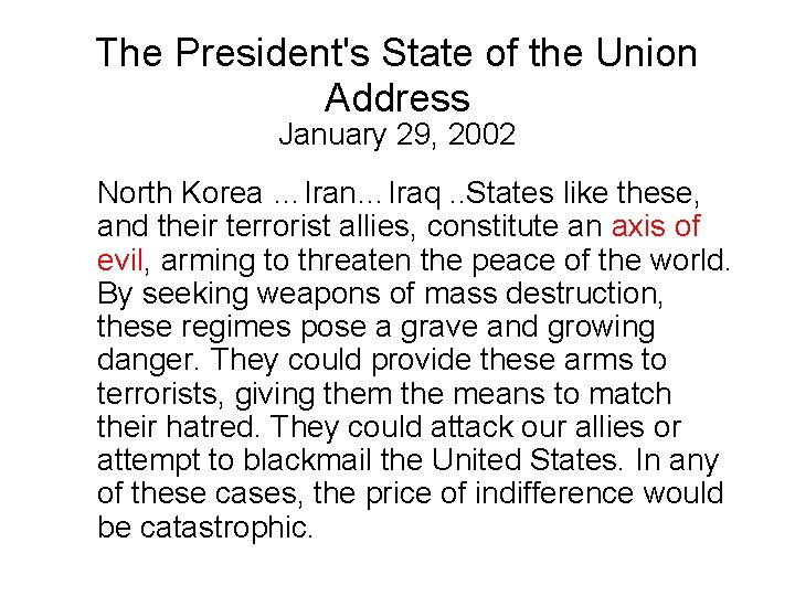 The President's State of the Union Address January 29, 2002 North Korea …Iran…Iraq. .