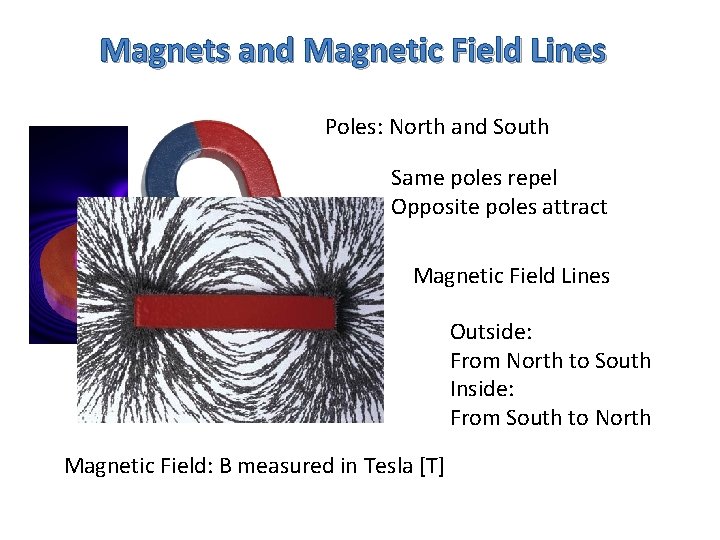 Magnets and Magnetic Field Lines Two Poles: North and South Same poles repel Opposite