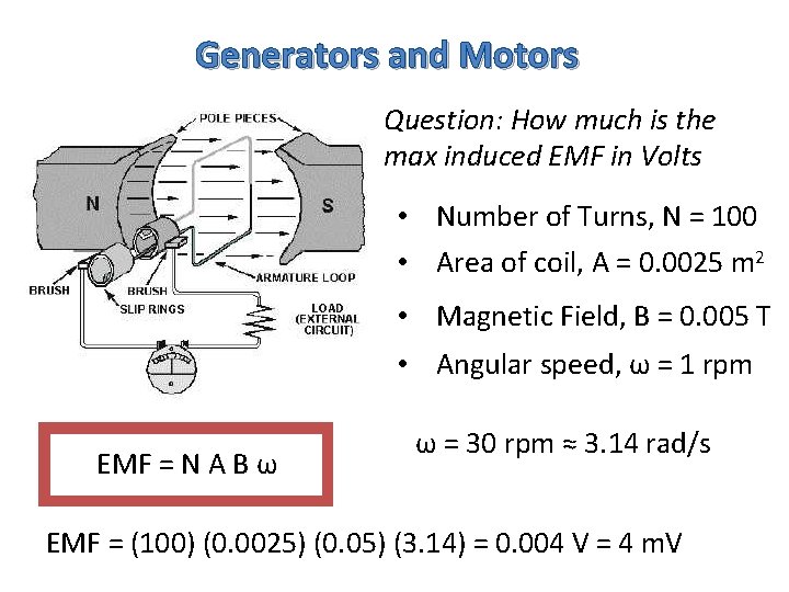 Generators and Motors Question: How much is the max induced EMF in Volts •