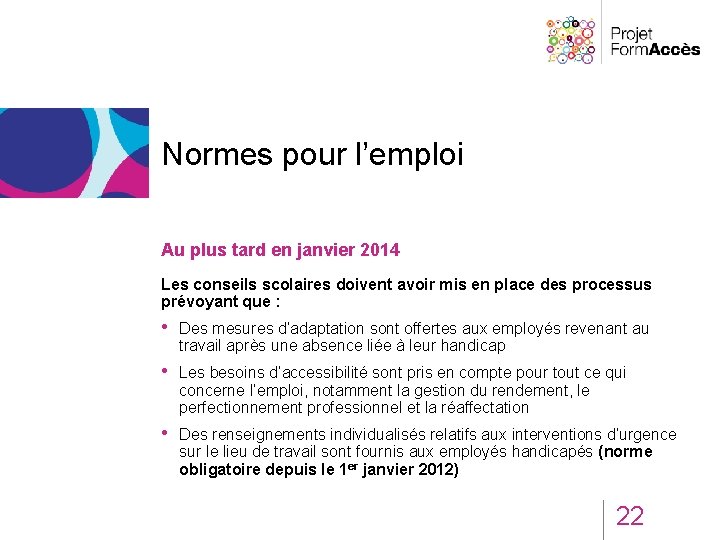 Normes pour l’emploi Au plus tard en janvier 2014 Les conseils scolaires doivent avoir