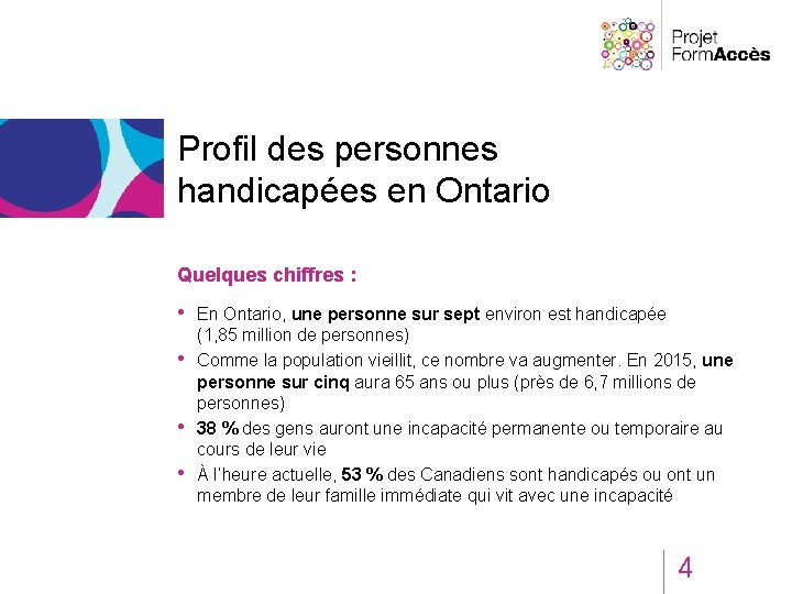 Profil des personnes handicapées en Ontario Quelques chiffres : • En Ontario, une personne