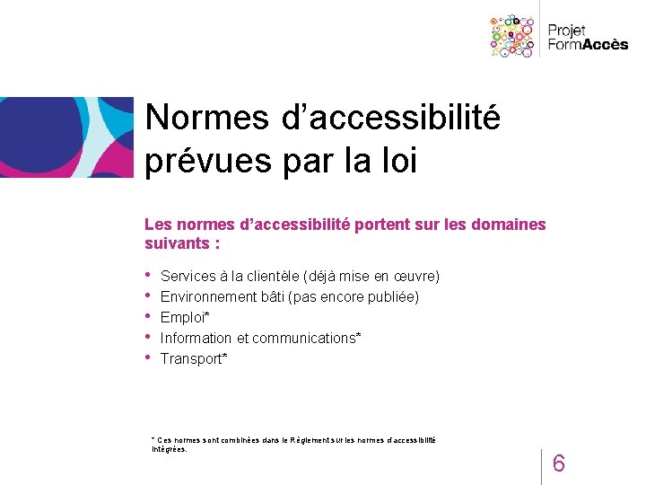 Normes d’accessibilité prévues par la loi Les normes d’accessibilité portent sur les domaines suivants