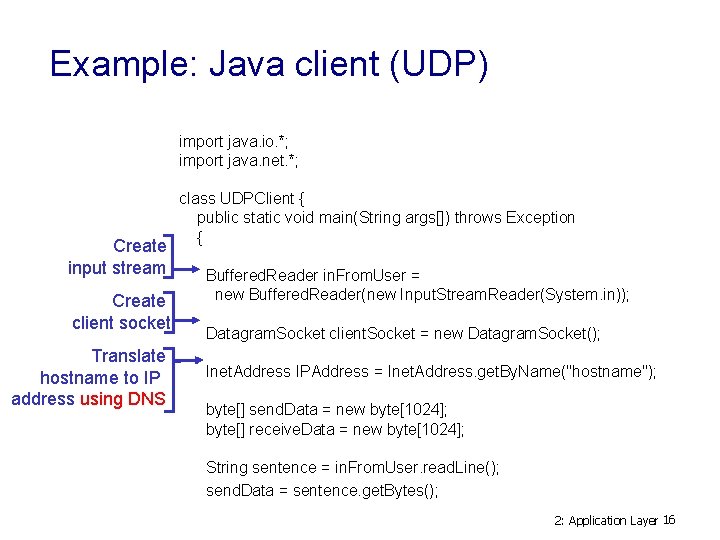 Example: Java client (UDP) import java. io. *; import java. net. *; Create input