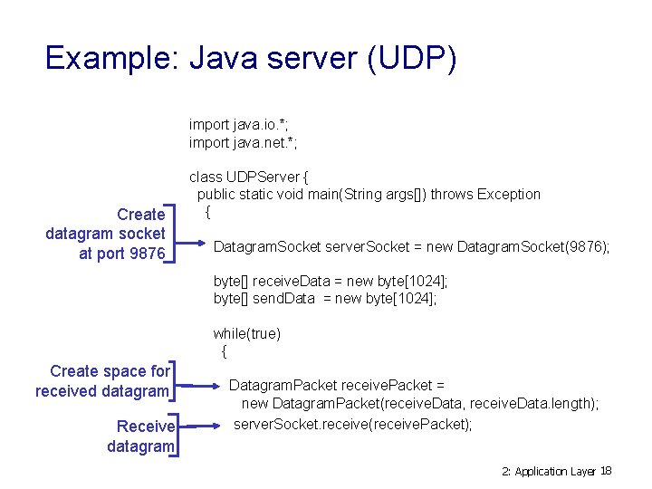 Example: Java server (UDP) import java. io. *; import java. net. *; Create datagram