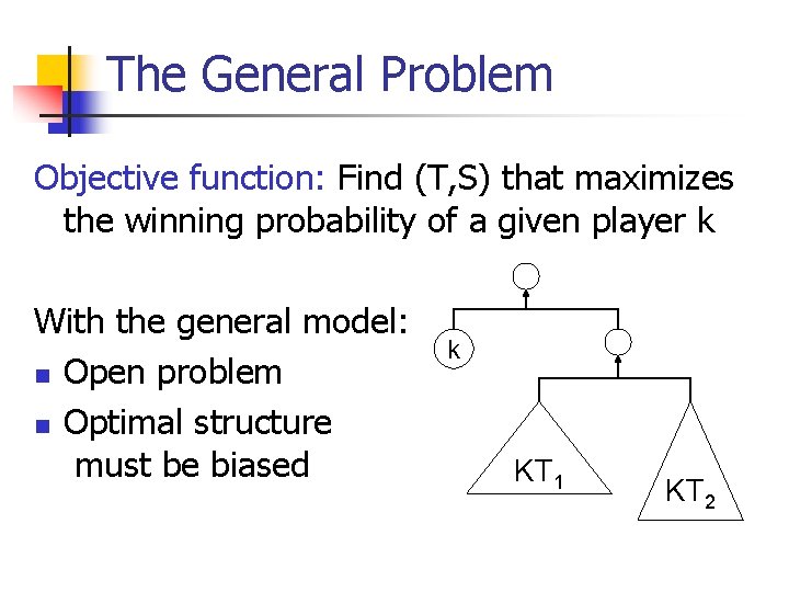 The General Problem Objective function: Find (T, S) that maximizes the winning probability of