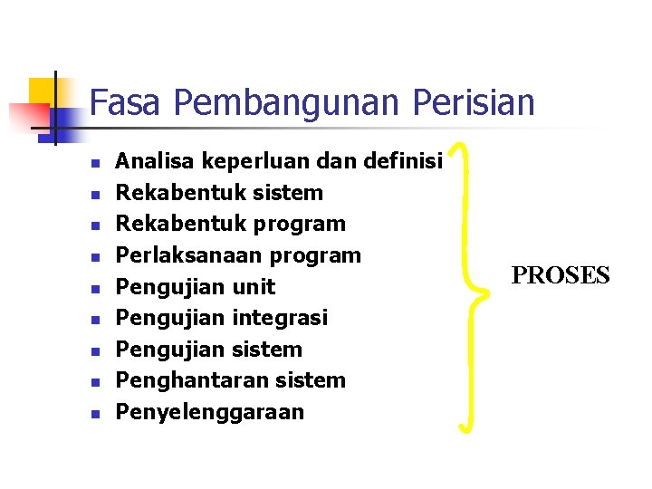 Fasa Pembangunan Perisian n n n n Analisa keperluan definisi Rekabentuk sistem Rekabentuk program