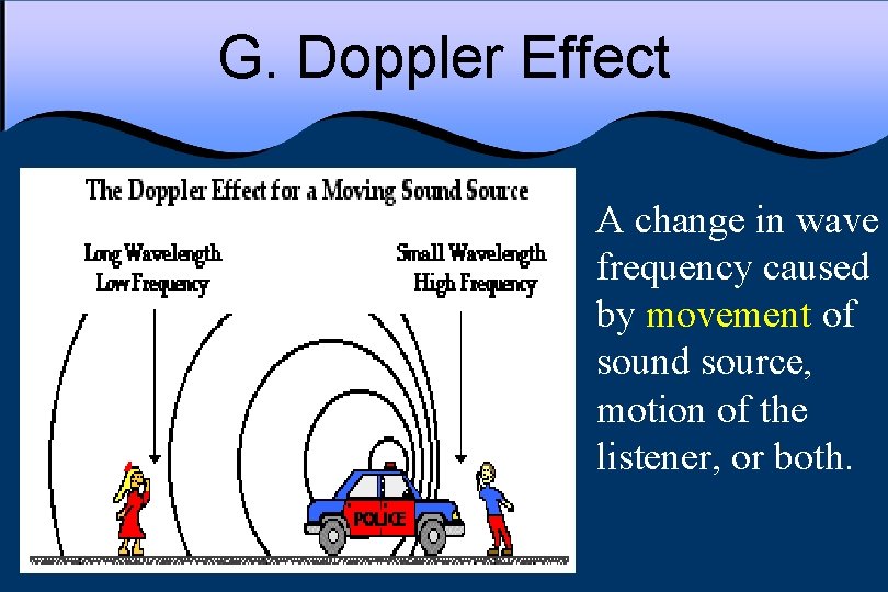 G. Doppler Effect A change in wave frequency caused by movement of sound source,