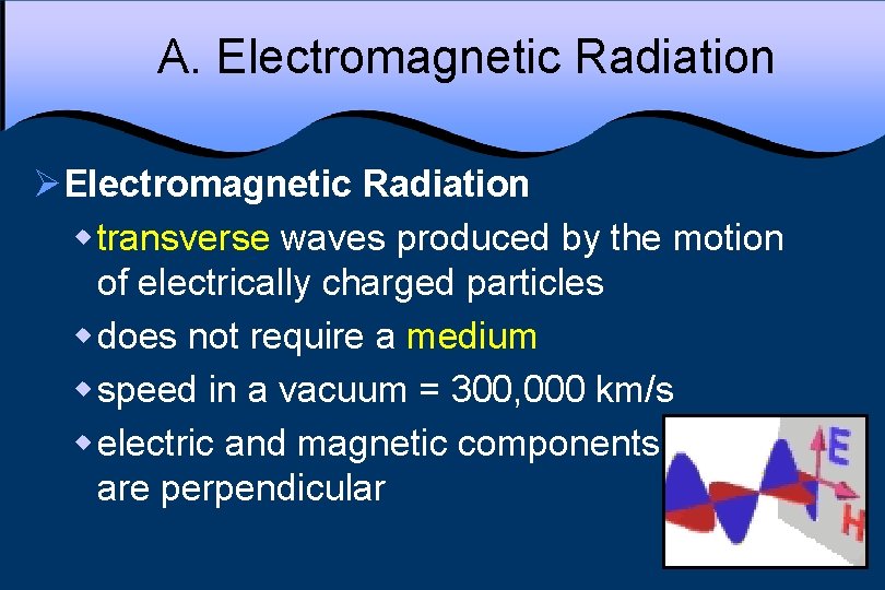 A. Electromagnetic Radiation ØElectromagnetic Radiation w transverse waves produced by the motion of electrically