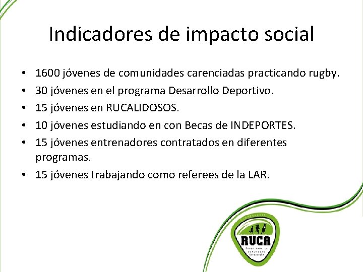 Indicadores de impacto social 1600 jóvenes de comunidades carenciadas practicando rugby. 30 jóvenes en