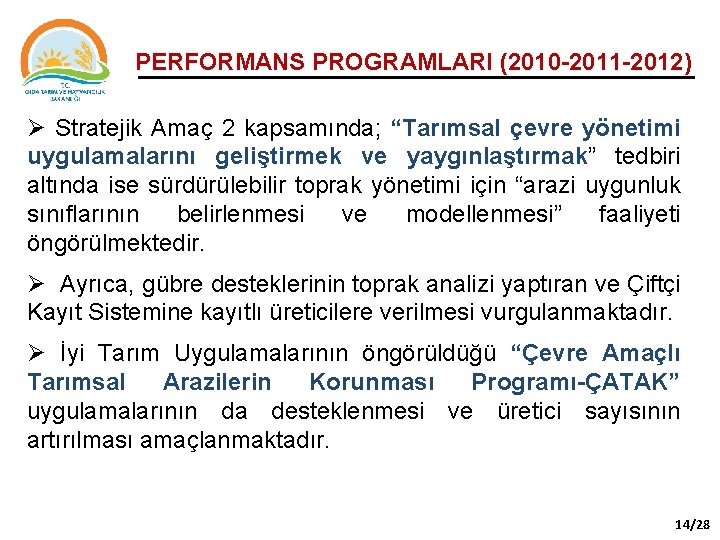 PERFORMANS PROGRAMLARI (2010 -2011 -2012) Ø Stratejik Amaç 2 kapsamında; “Tarımsal çevre yönetimi uygulamalarını