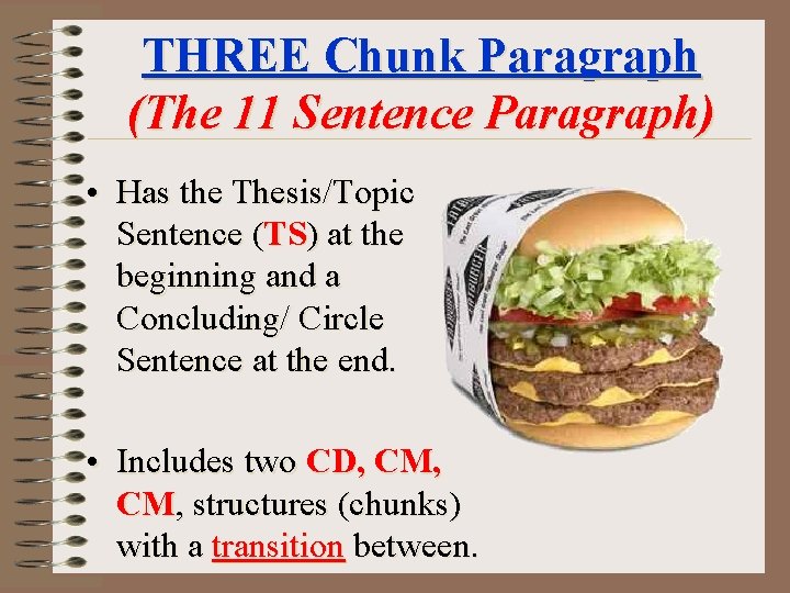 THREE Chunk Paragraph (The 11 Sentence Paragraph) • Has the Thesis/Topic Sentence (TS) at