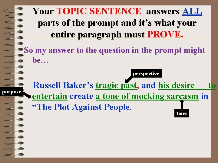 Your TOPIC SENTENCE answers ALL parts of the prompt and it’s what your entire