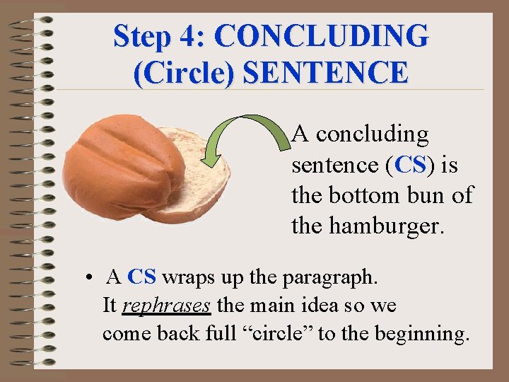 Step 4: CONCLUDING (Circle) SENTENCE • A concluding sentence (CS) is the bottom bun