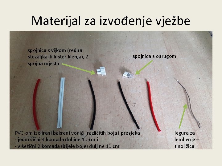 Materijal za izvođenje vježbe spojnica s vijkom (redna stezaljka ili luster klema), 2 spojna