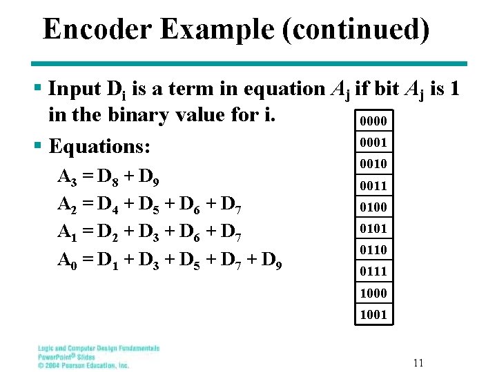 Encoder Example (continued) § Input Di is a term in equation Aj if bit