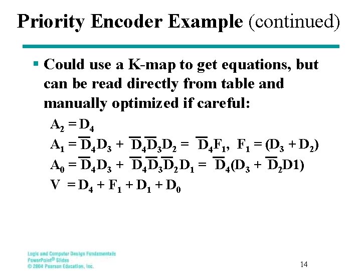 Priority Encoder Example (continued) § Could use a K-map to get equations, but can