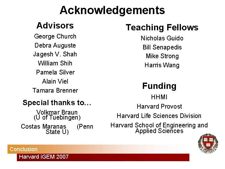 Acknowledgements Advisors Teaching Fellows George Church Debra Auguste Jagesh V. Shah William Shih Pamela