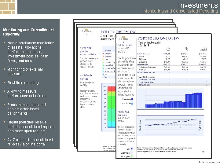 Investments Monitoring and Consolidated Reporting § Non-discretionary monitoring of assets, allocations, portfolio construction, investment