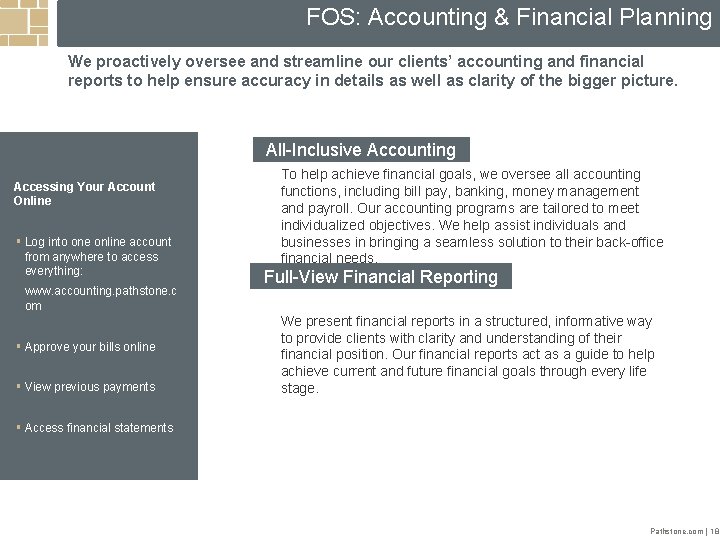 FOS: Accounting & Financial Planning We proactively oversee and streamline our clients’ accounting and