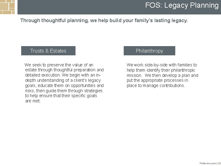 FOS: Legacy Planning Through thoughtful planning, we help build your family’s lasting legacy. Trusts