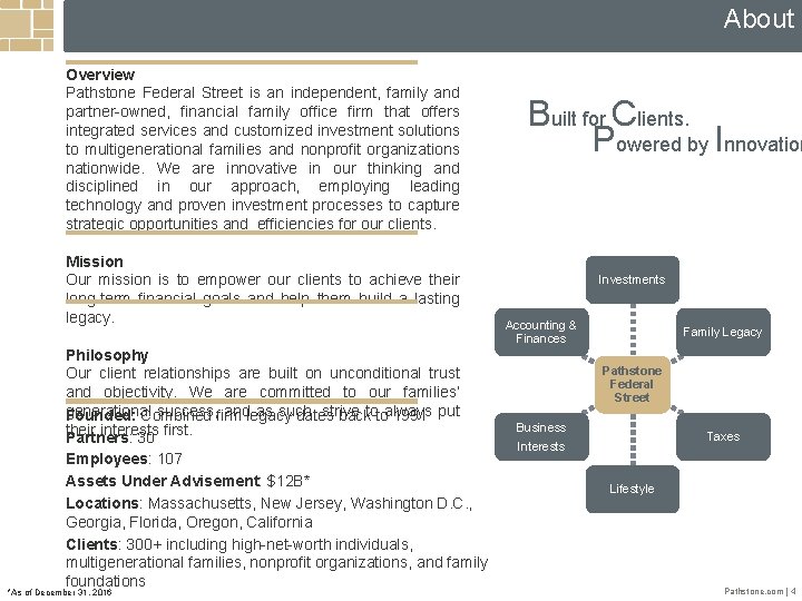 About Overview Pathstone Federal Street is an independent, family and partner-owned, financial family office