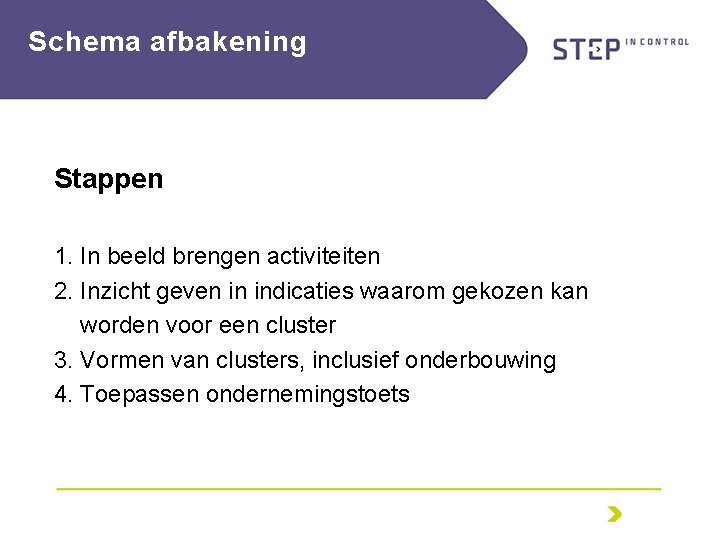 Schema afbakening Stappen 1. In beeld brengen activiteiten 2. Inzicht geven in indicaties waarom