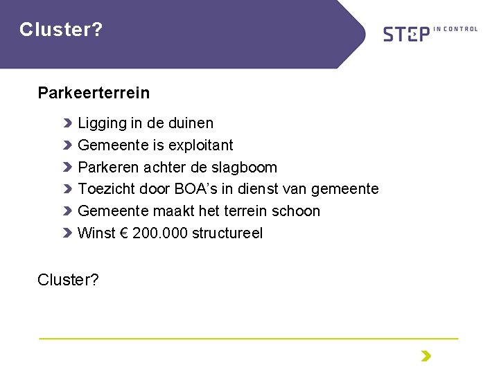 Cluster? Parkeerterrein Ligging in de duinen Gemeente is exploitant Parkeren achter de slagboom Toezicht