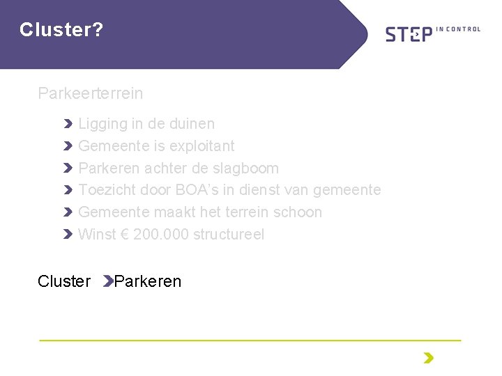 Cluster? Parkeerterrein Ligging in de duinen Gemeente is exploitant Parkeren achter de slagboom Toezicht