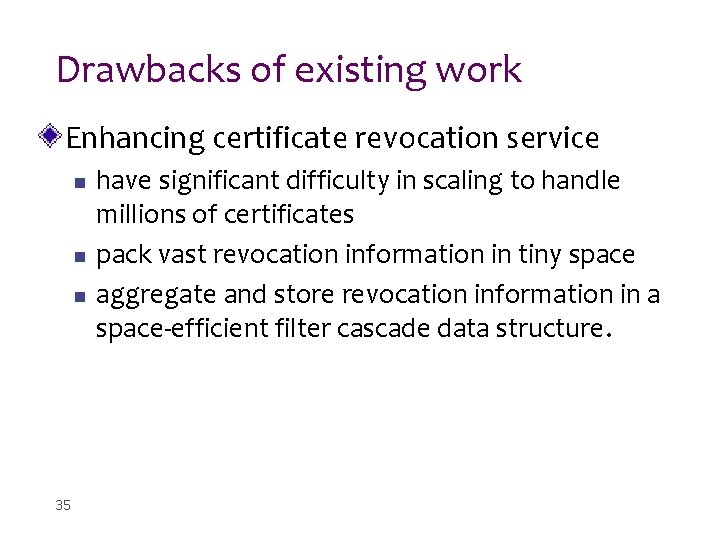 Drawbacks of existing work Enhancing certificate revocation service n n n 35 have significant