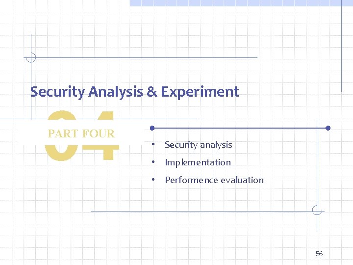 Security Analysis & Experiment 04 PART FOUR • Security analysis • Implementation • Performence