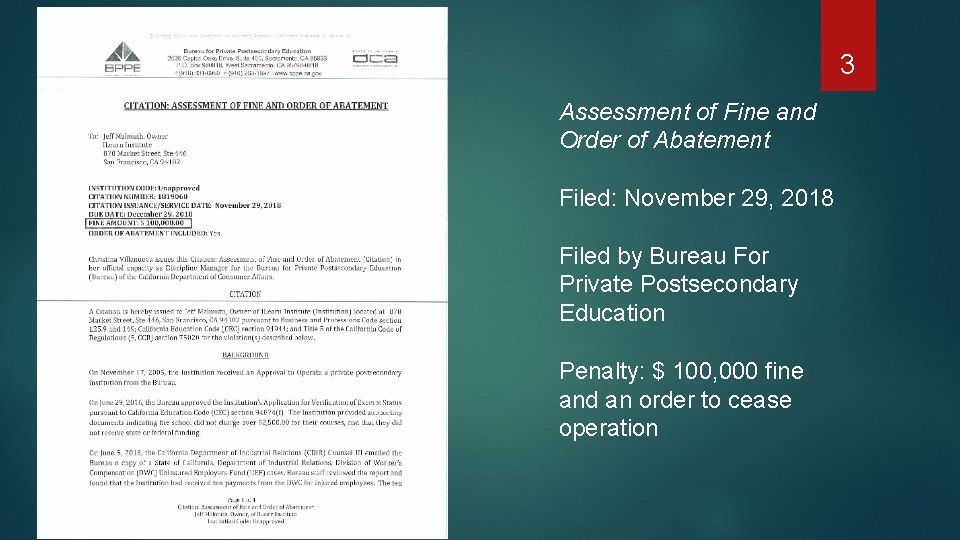 3 Assessment of Fine and Order of Abatement Filed: November 29, 2018 Filed by