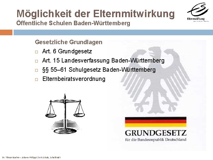 Möglichkeit der Elternmitwirkung Öffentliche Schulen Baden-Württemberg Gesetzliche Grundlagen Art. 6 Grundgesetz Art. 15 Landesverfassung