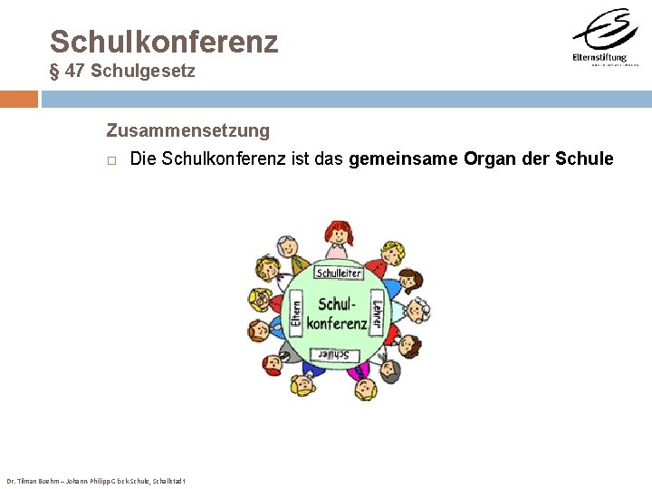 Schulkonferenz § 47 Schulgesetz Zusammensetzung Die Schulkonferenz ist das gemeinsame Organ der Schule Dr.