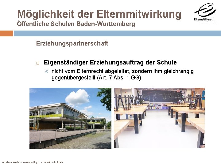 Möglichkeit der Elternmitwirkung Öffentliche Schulen Baden-Württemberg Erziehungspartnerschaft Eigenständiger Erziehungsauftrag der Schule nicht vom Elternrecht