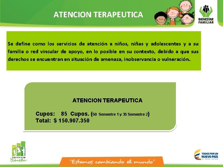 ATENCION TERAPEUTICA Se define como los servicios de atención a niños, niñas y adolescentes ATENCION TERAPEUTICA Se define como los servicios de atención a niños, niñas y adolescentes