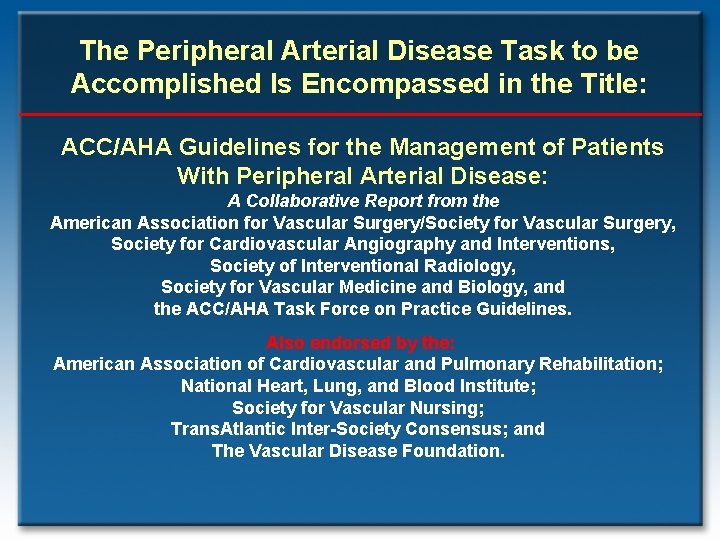 The Peripheral Arterial Disease Task to be Accomplished Is Encompassed in the Title: ACC/AHA